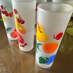 6 Vintage Federal Glass Co. Mid Century 7” tall fruit design frosted glasses